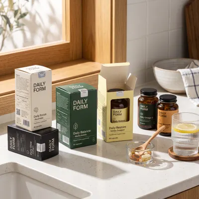 Custom supplement boxes in cream, dark green, black, and pale yellow with "Daily Form" branding, shown upright on a counter with one open revealing a capsule bottle, additional bottles nearby.