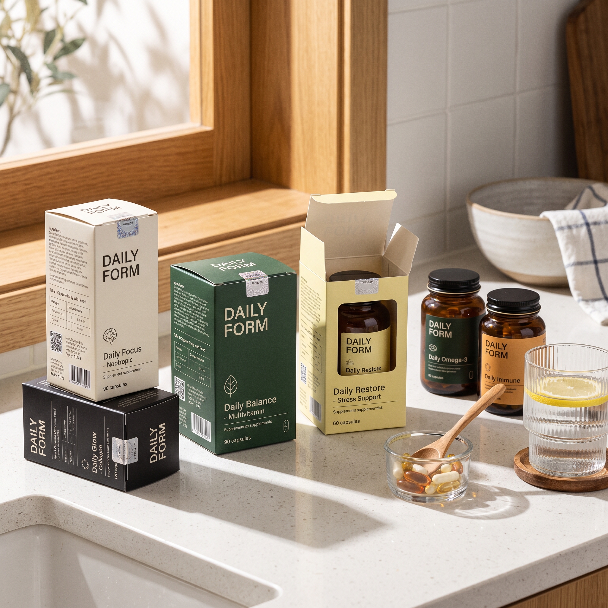 Custom supplement boxes in cream, dark green, black, and pale yellow with "Daily Form" branding, shown upright on a counter with one open revealing a capsule bottle, additional bottles nearby.