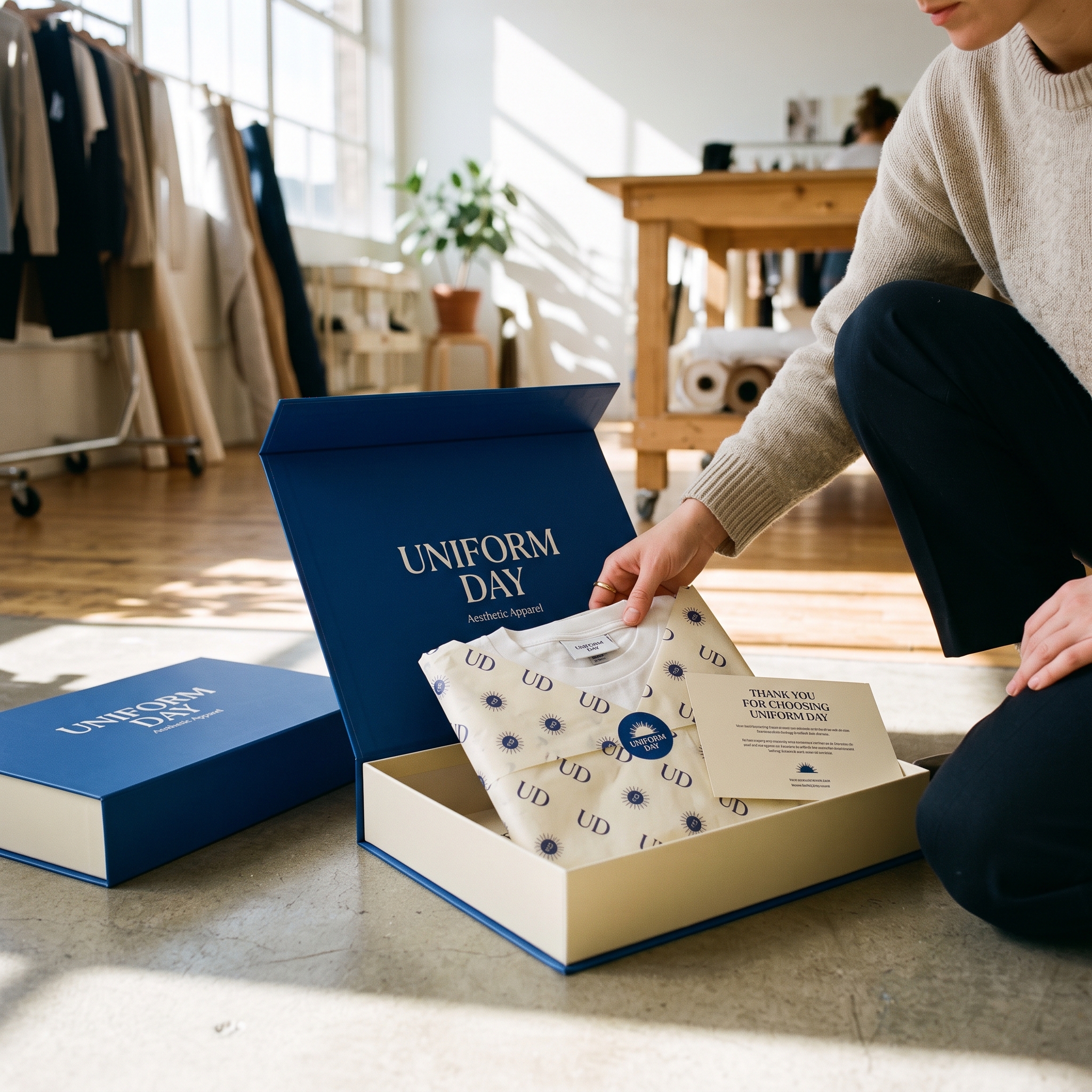 Custom t-shirt box in navy rigid paperboard with a magnetic lift-lid closure, shown open with a folded garment wrapped in patterned tissue paper and an included note card, plus a second closed box alongside.