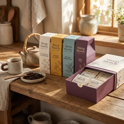 Custom tea boxes in cream, gold, teal, and plum with "Steep Slowly Botanical Infusions" branding and botanical illustrations, shown upright with one drawer-style box open revealing individual tea sachets.