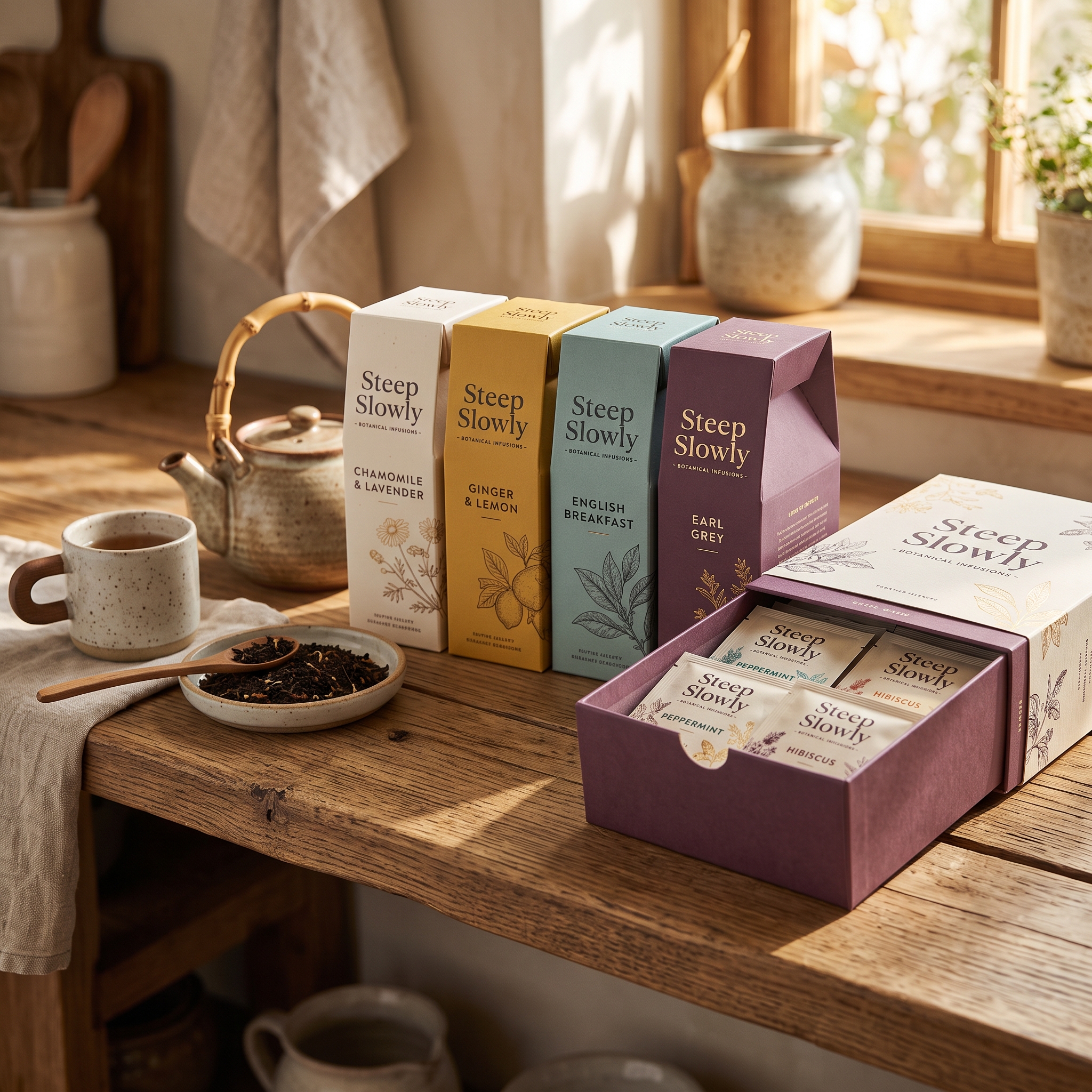 Custom tea boxes in cream, gold, teal, and plum with "Steep Slowly Botanical Infusions" branding and botanical illustrations, shown upright with one drawer-style box open revealing individual tea sachets.