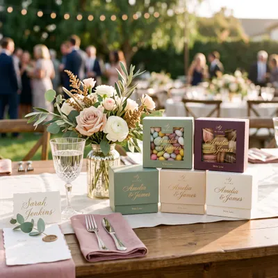 Custom wedding favor boxes in sage green, blush, cream, and burgundy, small rigid boxes with some featuring clear windows revealing candy and macarons inside, arranged on a table setting.