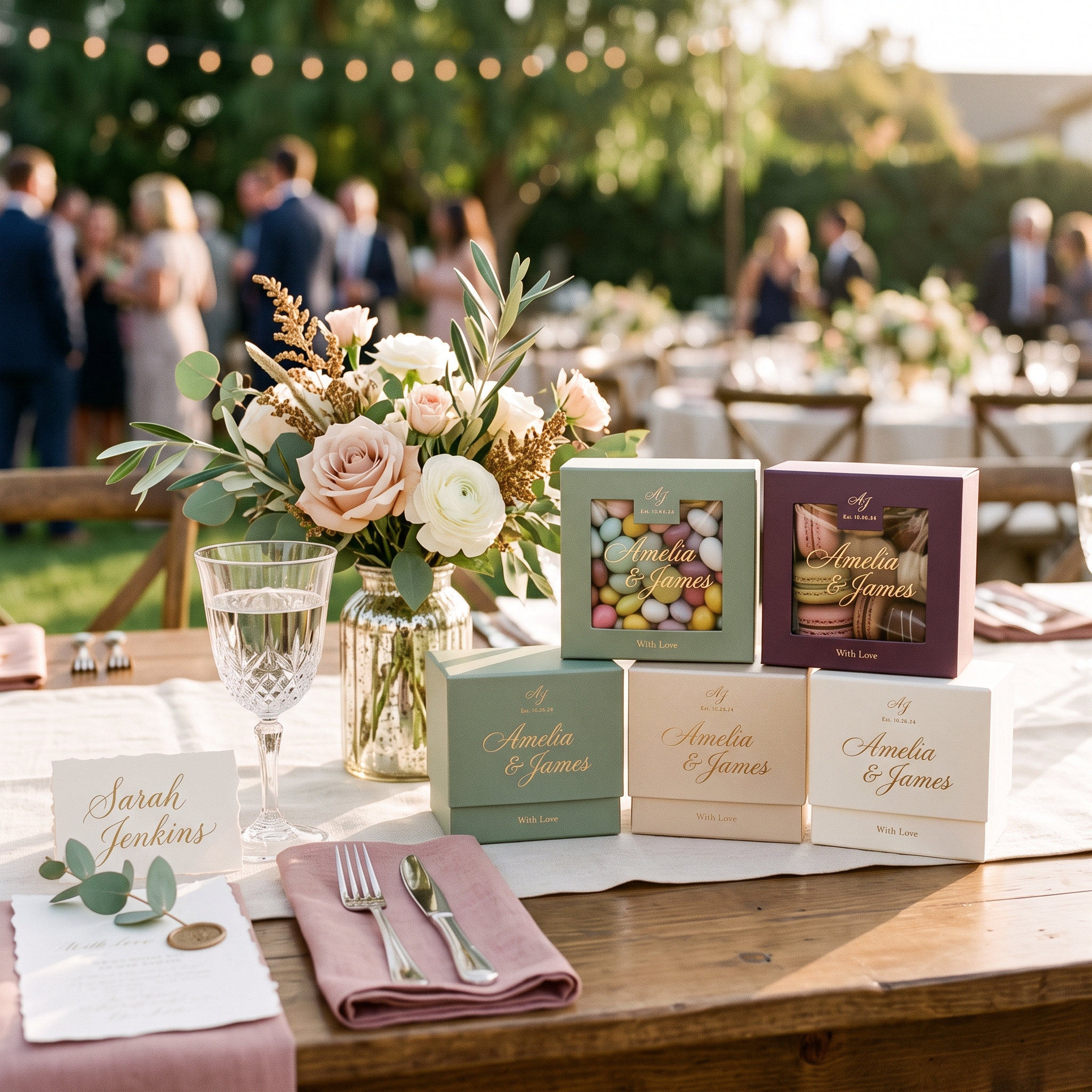 Custom wedding favor boxes in sage green, blush, cream, and burgundy, small rigid boxes with some featuring clear windows revealing candy and macarons inside, arranged on a table setting.
