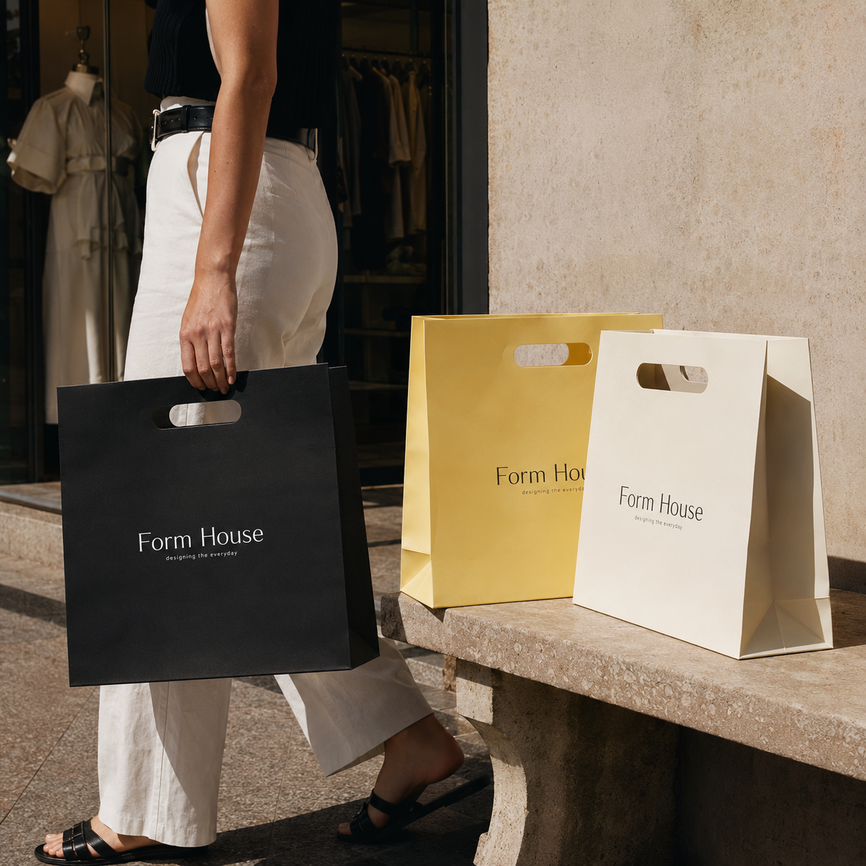 Die-cut handle bags in black, yellow, and cream, rigid paper construction with an integrated die-cut oval handle, one being carried and two displayed upright.