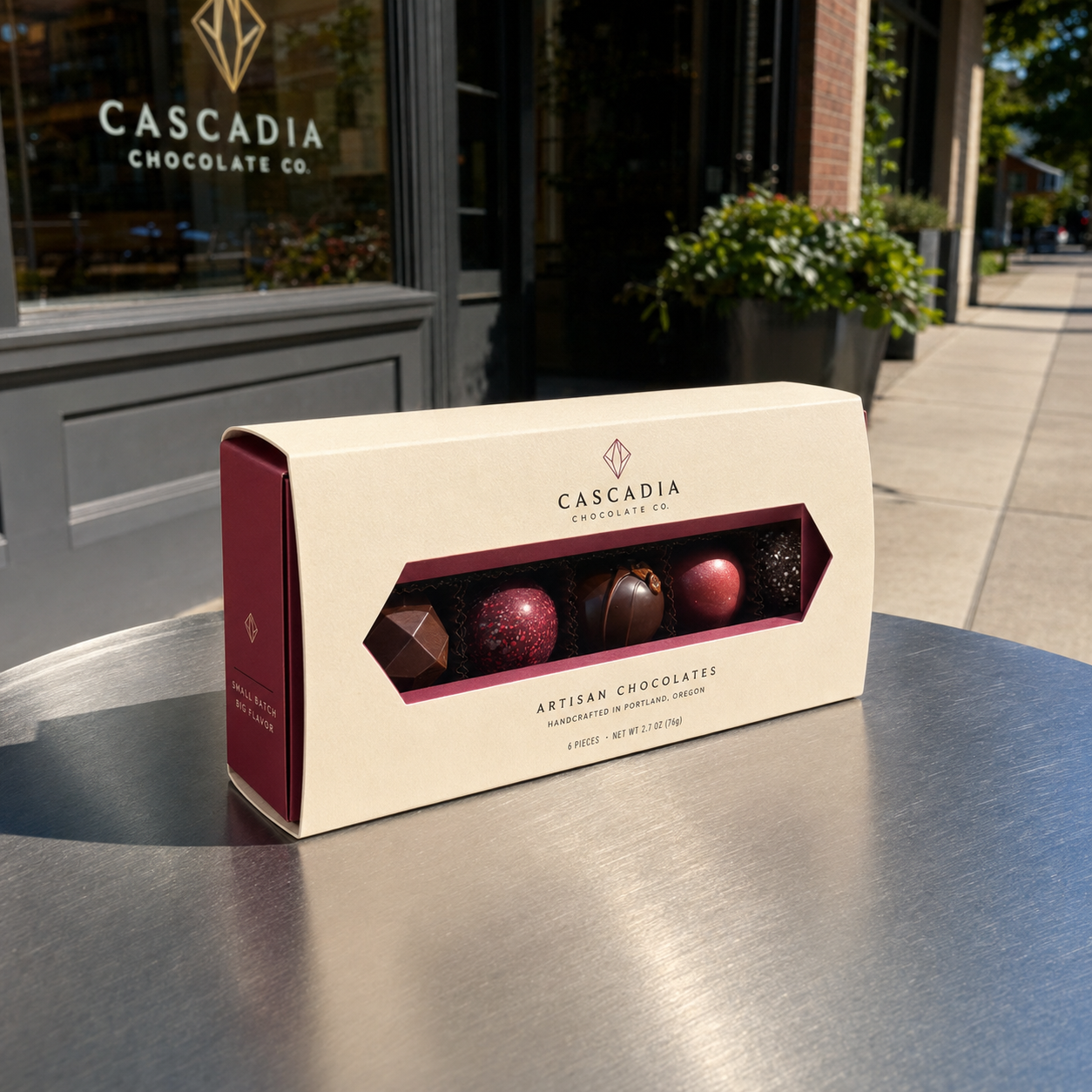 Die-cut window sleeve in cream with a burgundy interior tray, slide-open construction with an arrow-shaped cutout revealing an assortment of chocolates.