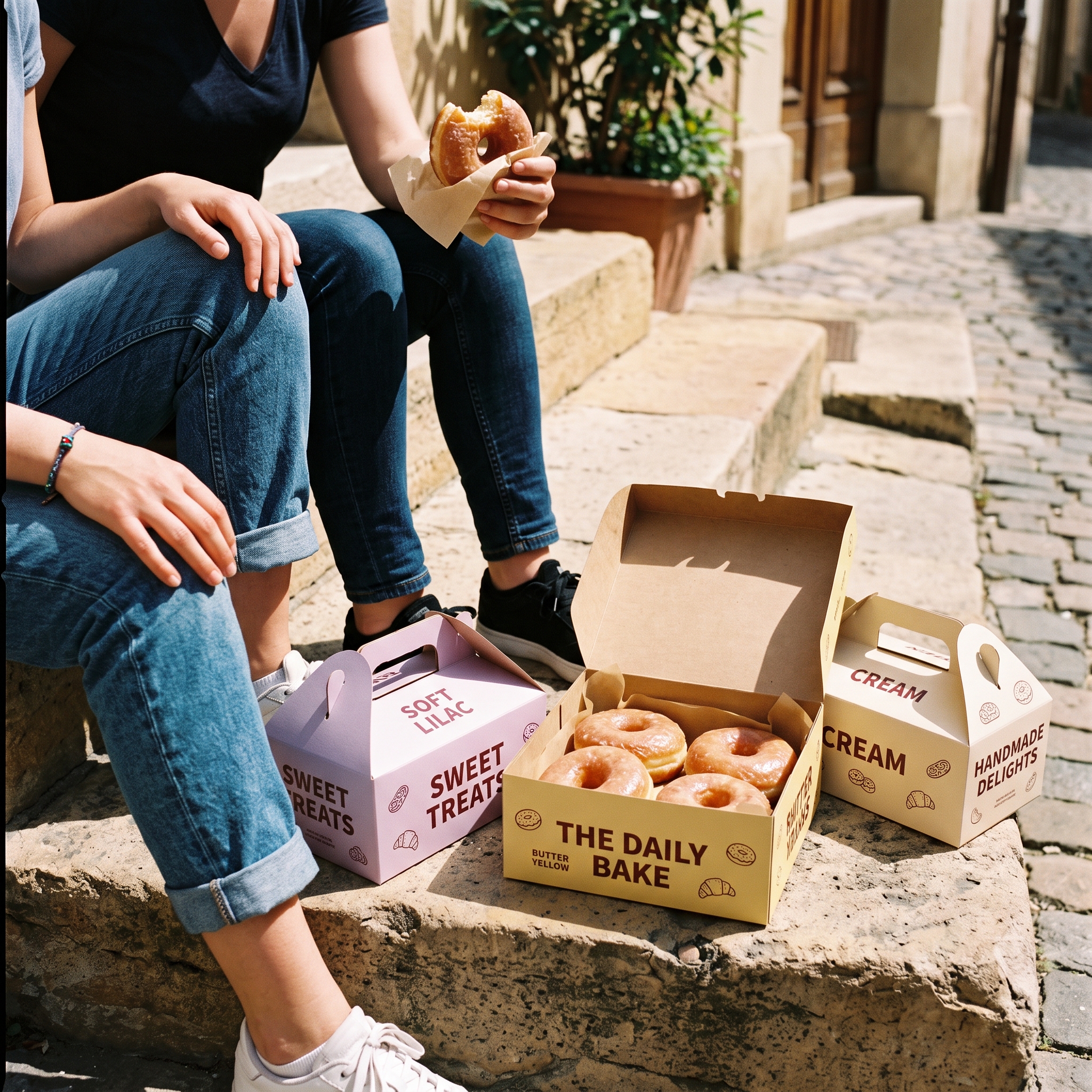 Donut boxes in lavender and kraft brown, gable-style with a carrying handle, one box open revealing glazed donuts inside.