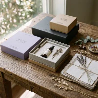 Eco-friendly rigid boxes in slate gray, kraft brown, and lavender, lift-off lid style, one shown open with a molded pulp fiber insert holding a bottle.