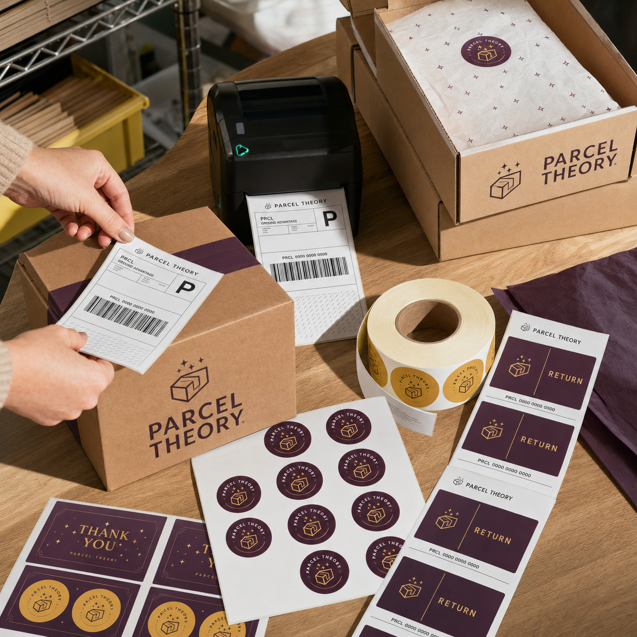 Ecommerce labels in a burgundy and gold color scheme, round and rectangular adhesive labels shown on a roll, sheet, and applied to a shipping box and tissue paper.