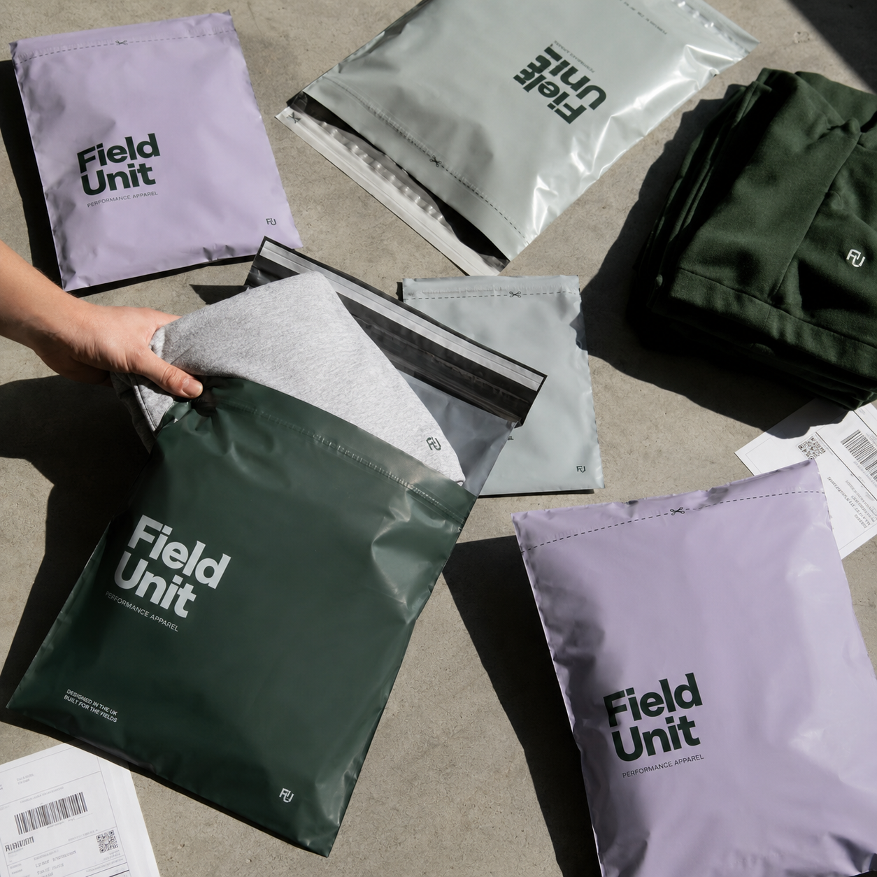 Ecommerce poly mailers in lavender, silver, and dark green, self-seal construction with a tear strip, one opened to reveal a folded garment inside.