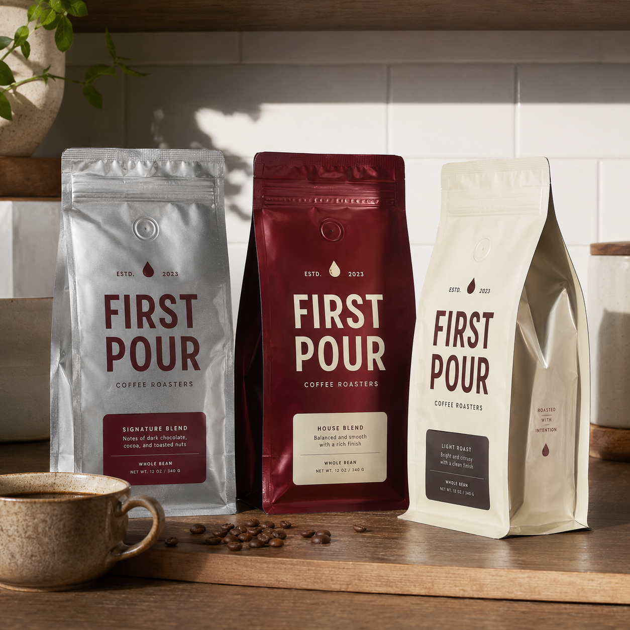 Flat bottom bags in silver, maroon, and cream metallic finishes, stand-up pouch style with a resealable top, displayed upright on a counter.