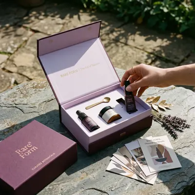 Flip top rigid box in mauve with a matching lid, magnetic closure, shown open and filled with jars, a bottle, and a small spoon nestled in a fitted insert.