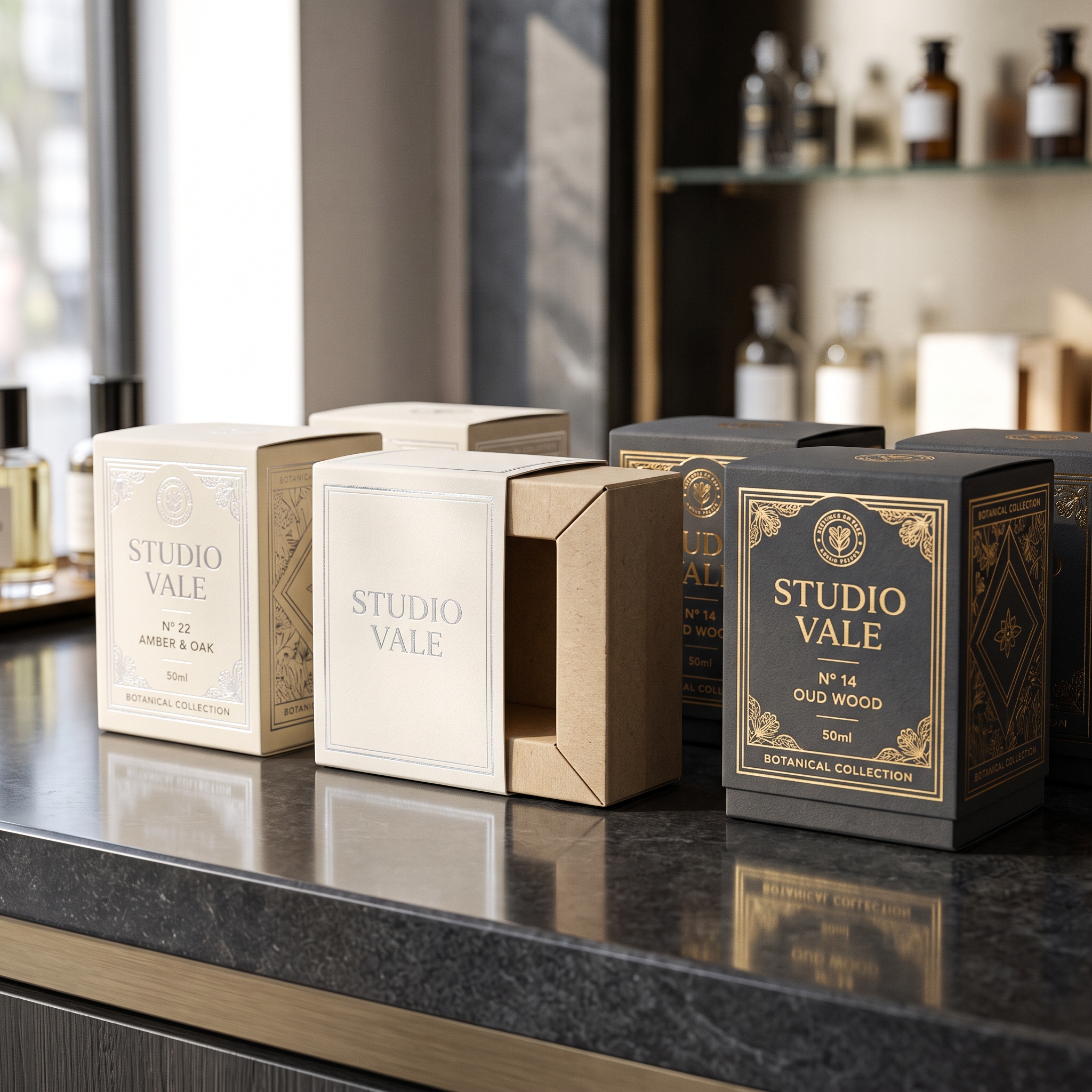Foil stamped sleeves in cream, ivory, and charcoal, outer sleeve-and-drawer box construction, one shown partially open revealing the kraft inner drawer.