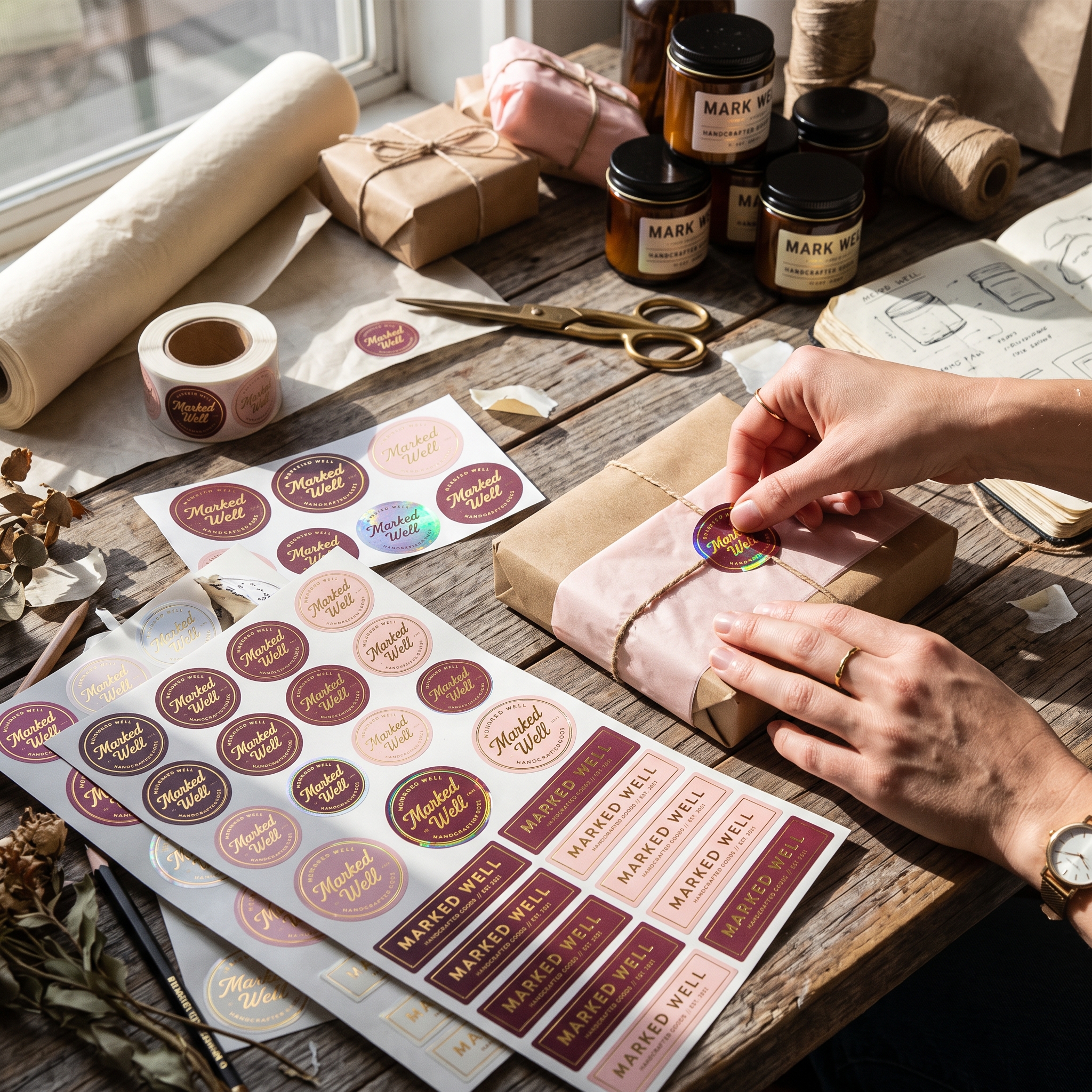 Foil stickers in burgundy, blush, and holographic finishes, round and rectangular adhesive labels shown on sheets, rolls, and applied to wrapped gift boxes.