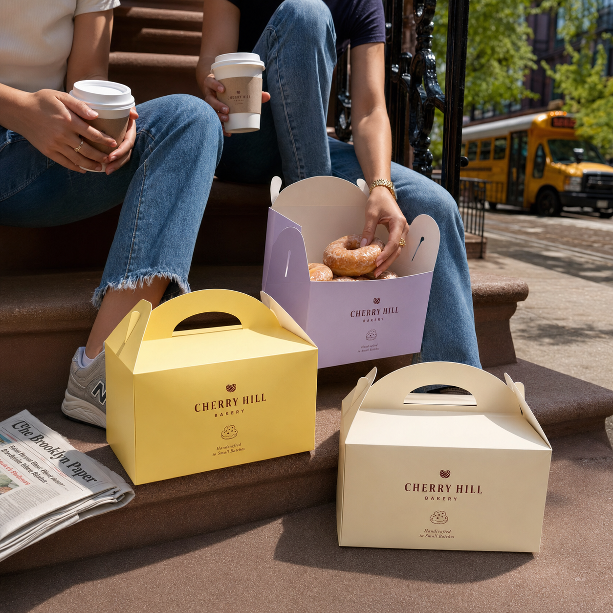 Food gable boxes in yellow, lavender, and cream, fold-top style with carrying handles; one box is open revealing glazed donuts inside.