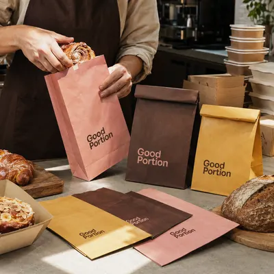 Food packaging bags in burgundy, mustard, and blush, shown both as flat-fold pouches and as flat-bottom bags with fold-top closures.