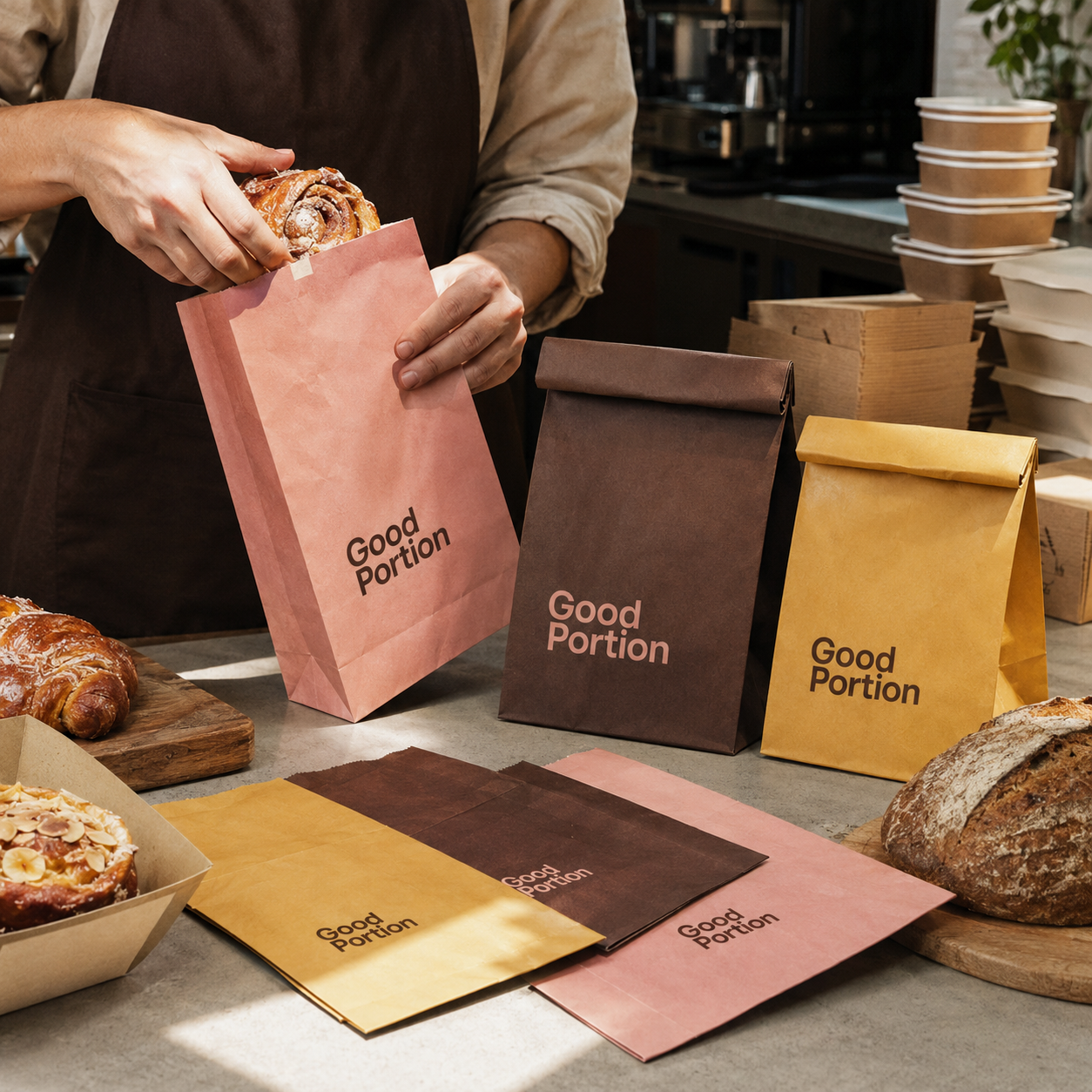 Food packaging bags in burgundy, mustard, and blush, shown both as flat-fold pouches and as flat-bottom bags with fold-top closures.