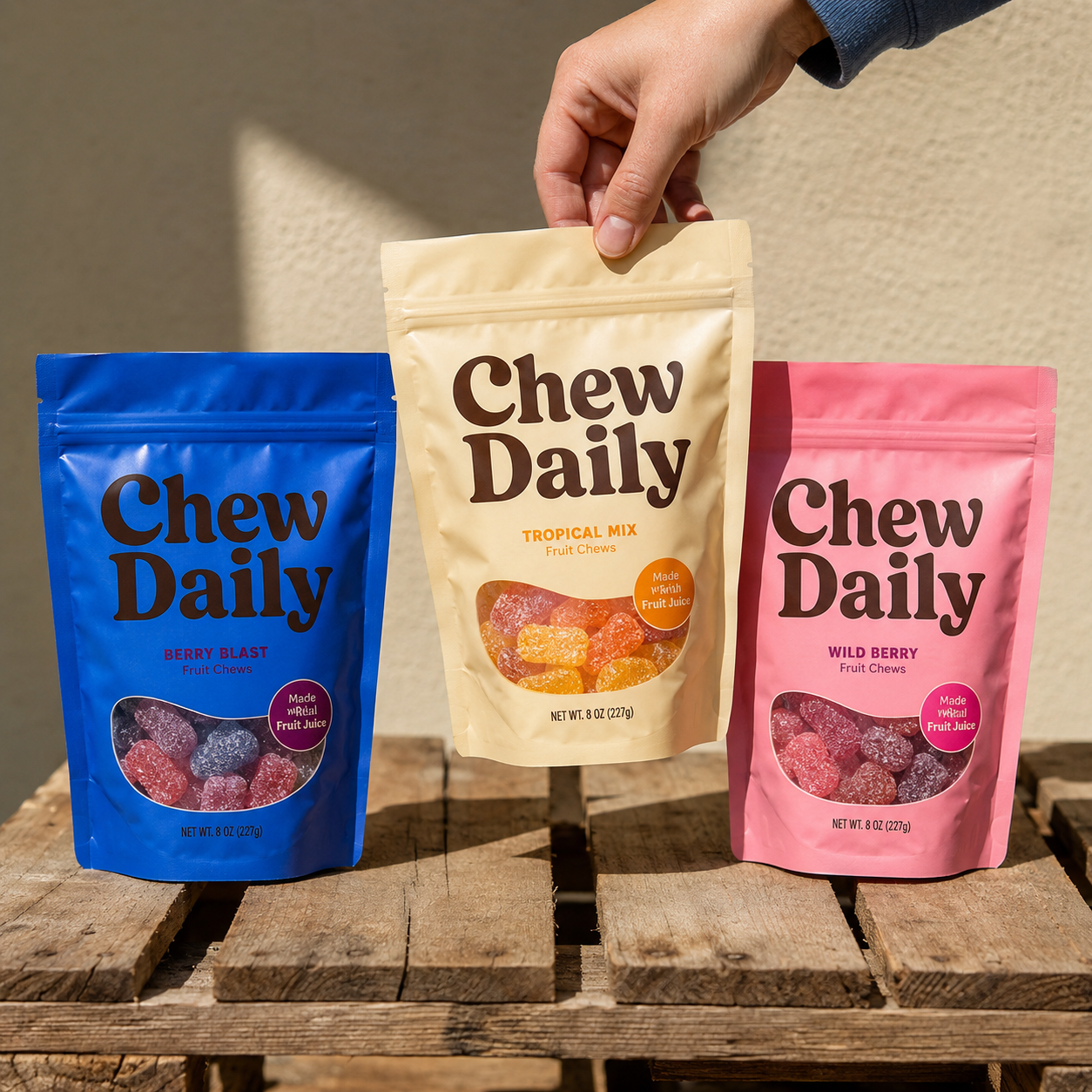 Food safe mylar bags in blue, cream, and pink, stand-up pouch style with a resealable zip top and clear window, one held upright by hand.