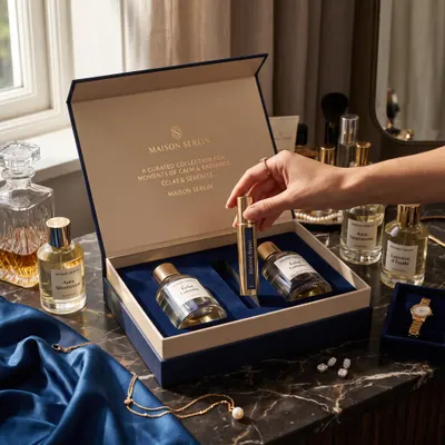 Fragrance gift boxes in navy with a gold-foil lined lid, rigid construction shown open with a fitted velvet insert holding three perfume bottles.