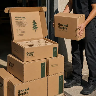 FSC corrugated mailer boxes in kraft brown, self-locking lid design, one shown open with a molded fiber insert tray, stacked alongside closed boxes.