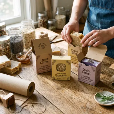 Handmade soap boxes in kraft brown, cream, and lavender, tuck-top construction with one featuring a die-cut window, shown open holding bars of soap.