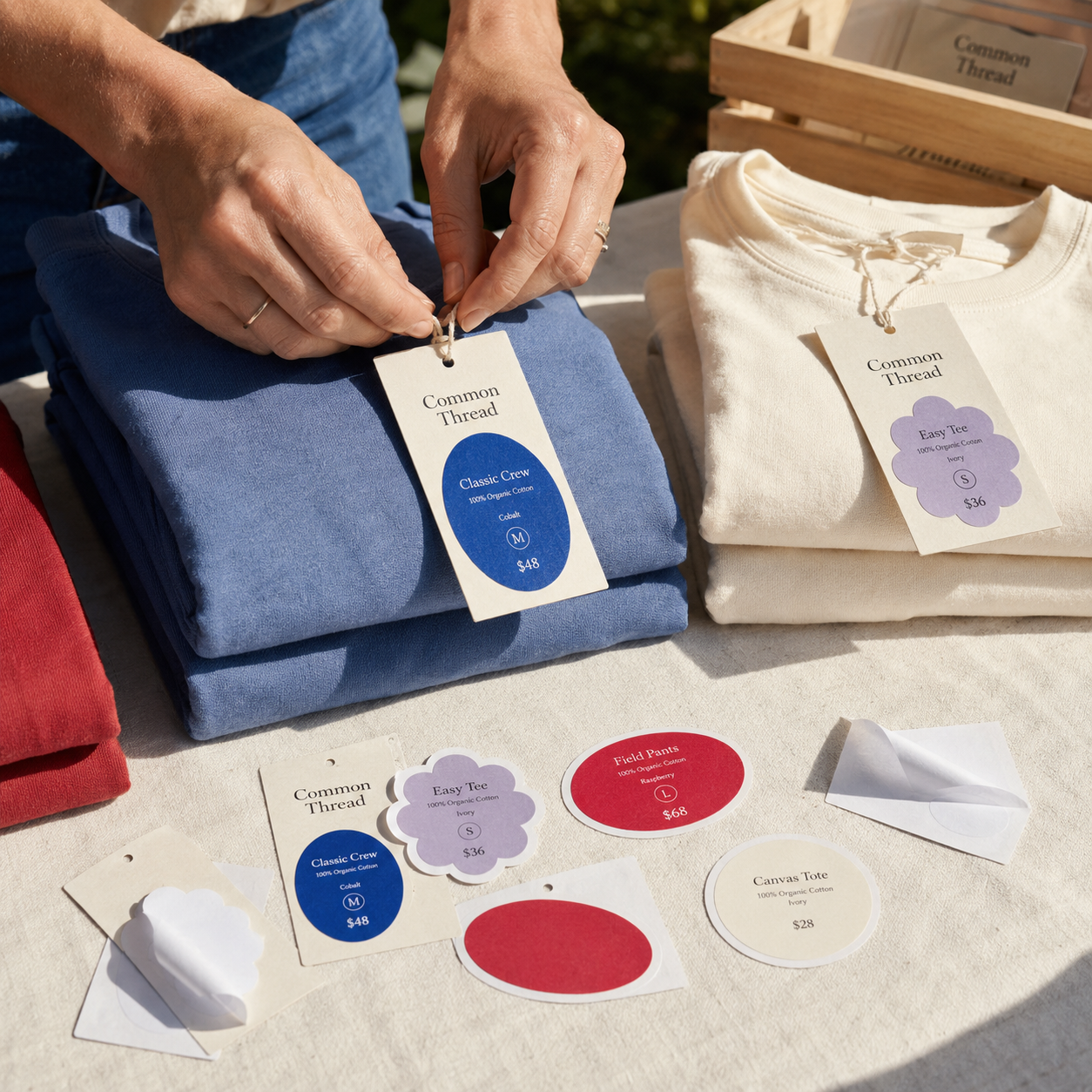 Hang tags and stickers, a tag tied to a folded garment alongside cloud-shaped, oval, and circular stickers in navy, purple, and red laid on a table.