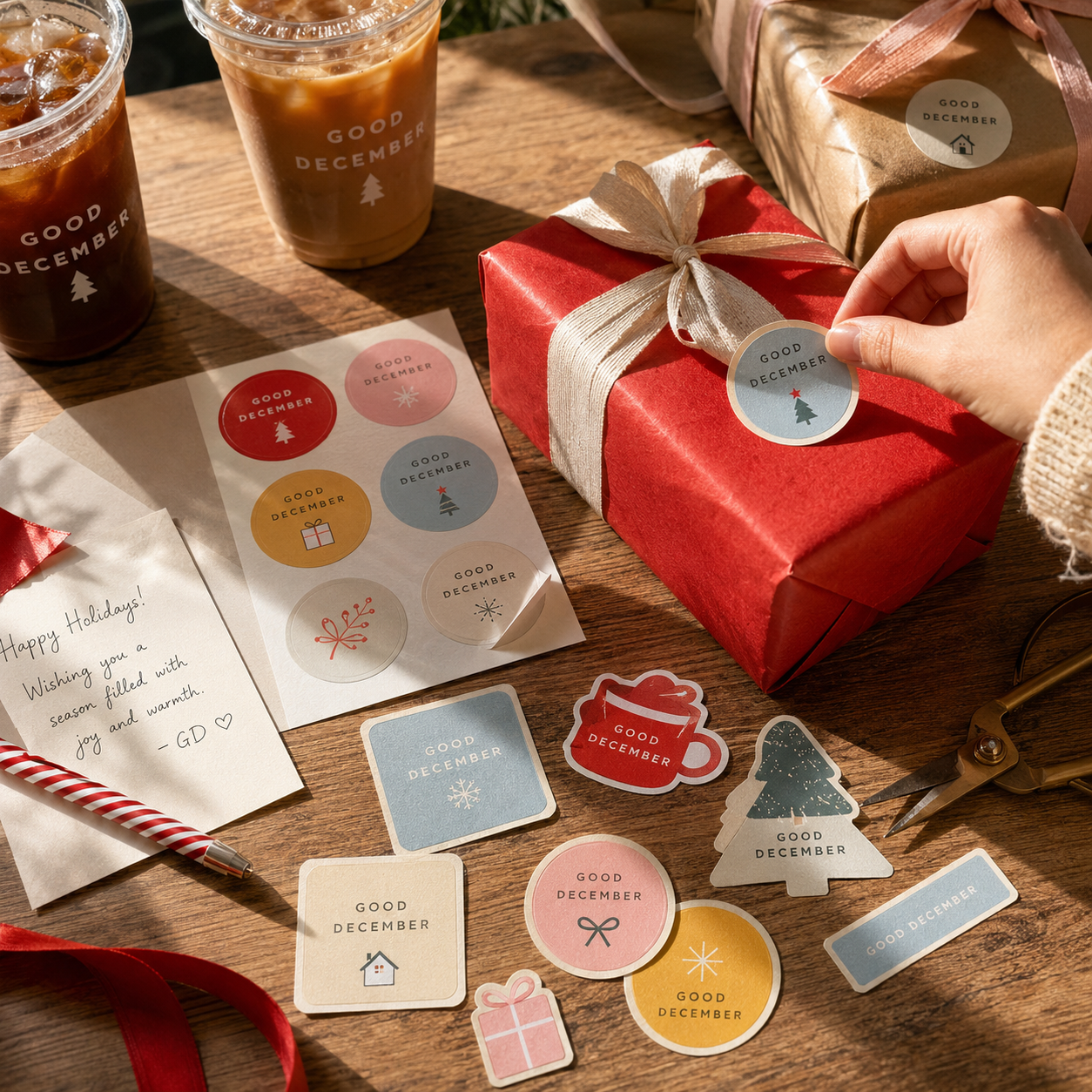 Holiday stickers in assorted round, square, and die-cut shapes (tree, gift, mug) in red, pink, gold, and blue, arranged on a table and applied to a wrapped gift.