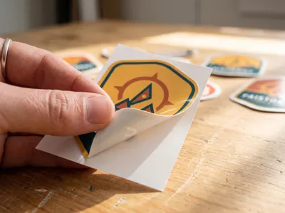 Individual stickers in a shield shape with a compass graphic, die-cut vinyl label shown being peeled from its backing, with additional stickers laid out nearby.