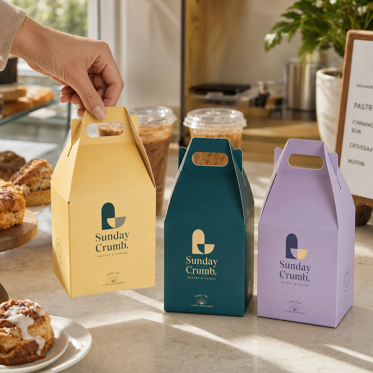 Gable boxes in yellow, teal, and lavender with a folded top handle, shown closed on a bakery counter.