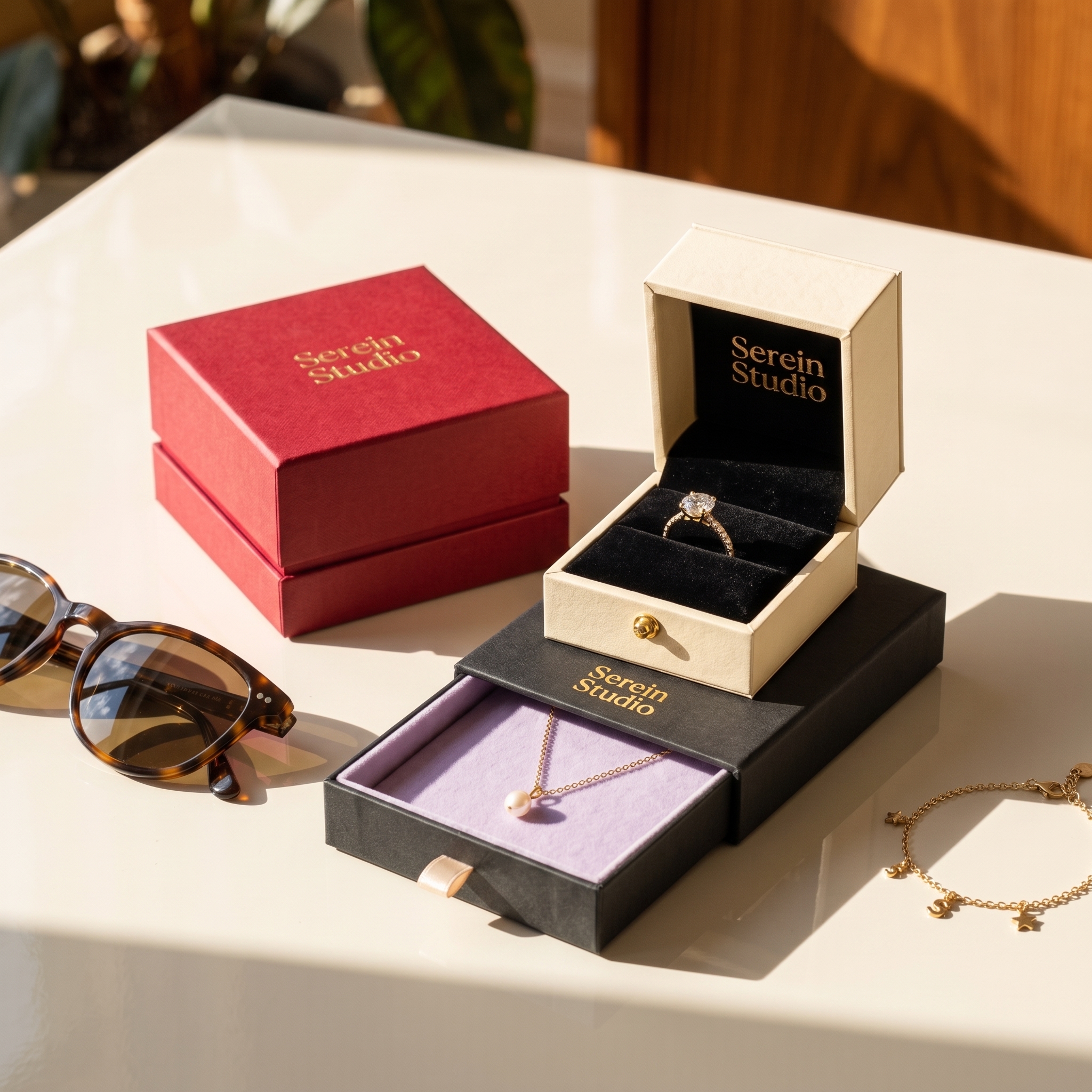 Jewelry gift boxes in red and black with a pullout drawer, and a cream ring box open to show a ring on a velvet cushion.