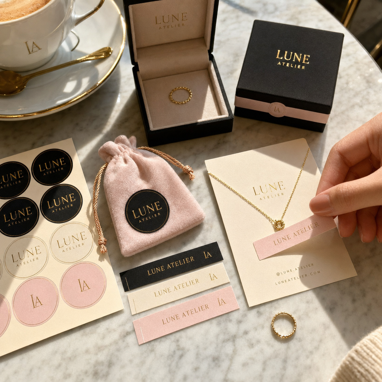 Jewelry labels on a sticker sheet in black, cream, and pink circles, alongside a velvet pouch and a necklace card with an attached label.