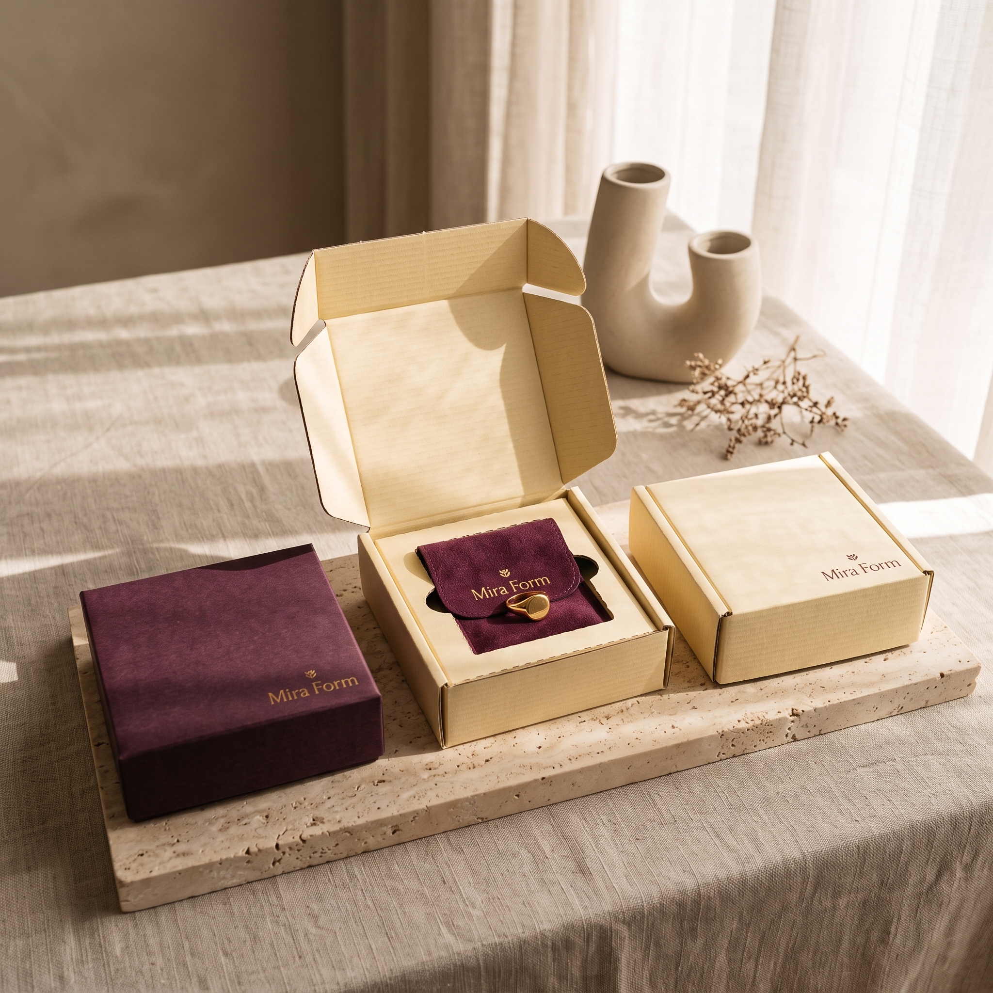 Jewelry mailer boxes in cream kraft, one open to reveal a plum velvet pouch with a ring inside, alongside a matching plum gift box.