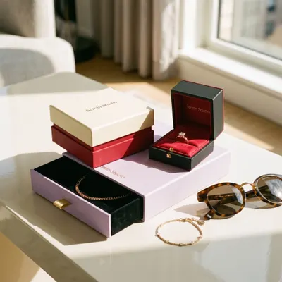 Jewelry rigid boxes in cream, red, and lavender, including a box with a pullout drawer showing a necklace and a hinged ring box displaying a ring on a red velvet cushion.