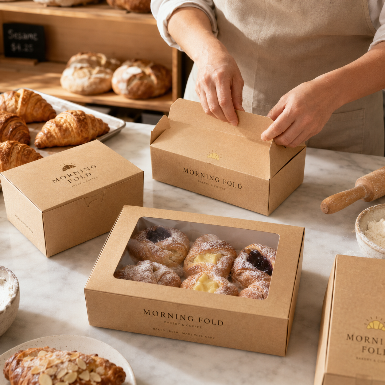 Kraft bakery boxes in multiple sizes, including one with a clear window showing pastries inside and a gable-style handle box.