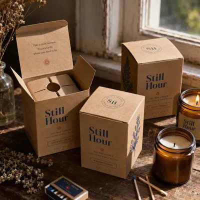 Kraft candle boxes in cube shapes, one open to show a candle nestled inside, shown alongside lit candles.