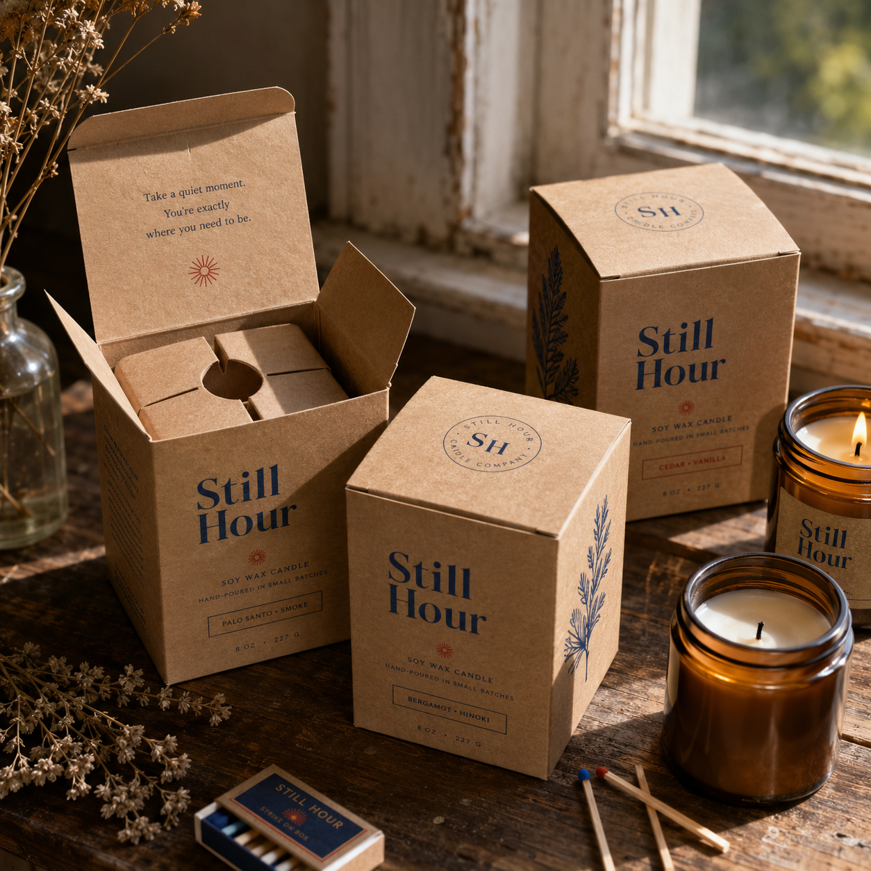 Kraft candle boxes in cube shapes, one open to show a candle nestled inside, shown alongside lit candles.