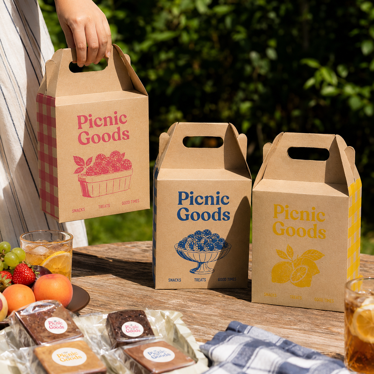 Kraft gable boxes with a folded top handle, printed with fruit illustrations, carried by hand and set on a picnic table with snacks.