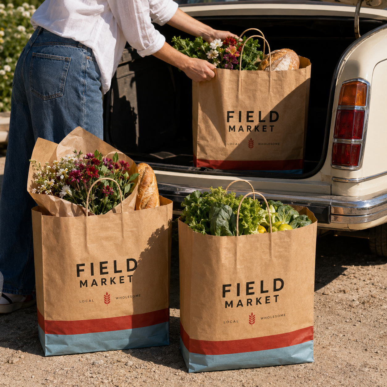 Kraft grocery bags in brown paper with twisted handles and a colored bottom band, shown filled with bread, greens, and flowers and loaded into a car trunk.