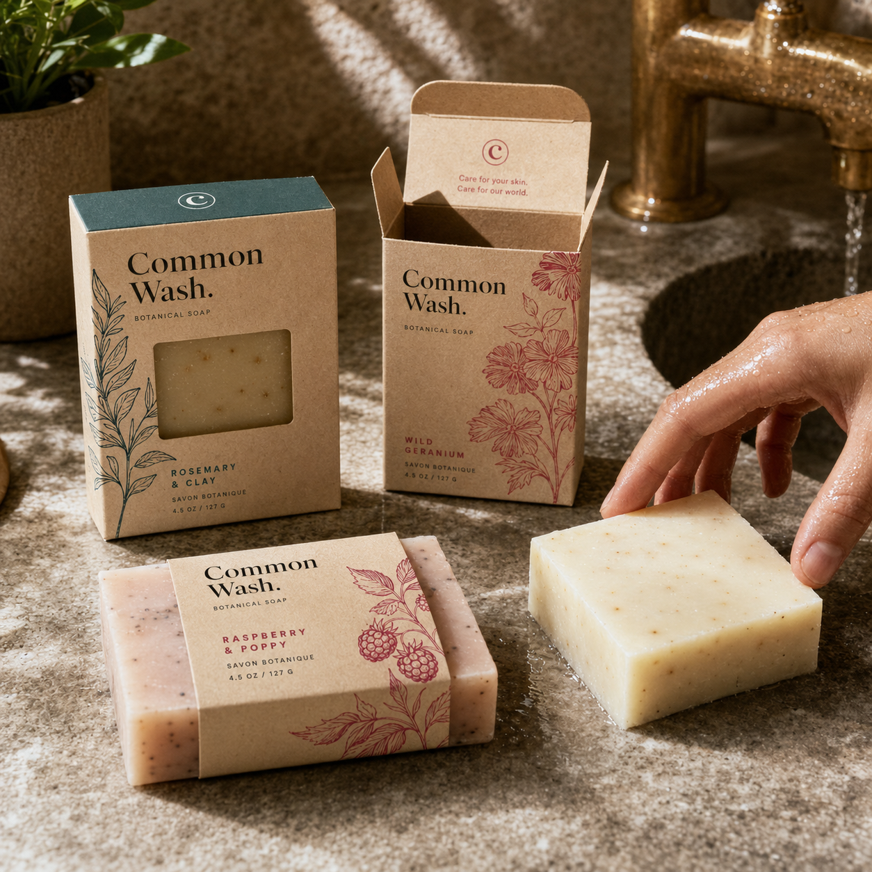 Kraft soap boxes, one with a die-cut window showing a bar of soap, another open and empty, alongside a wrapped soap bar with a paper band.
