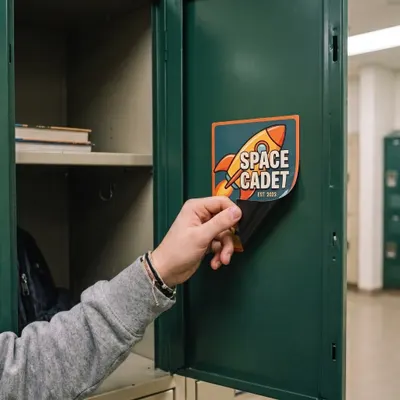 Magnetic sticker being applied to the inside of a metal locker door, die-cut in a rocket-and-badge shape with a peel-away backing.