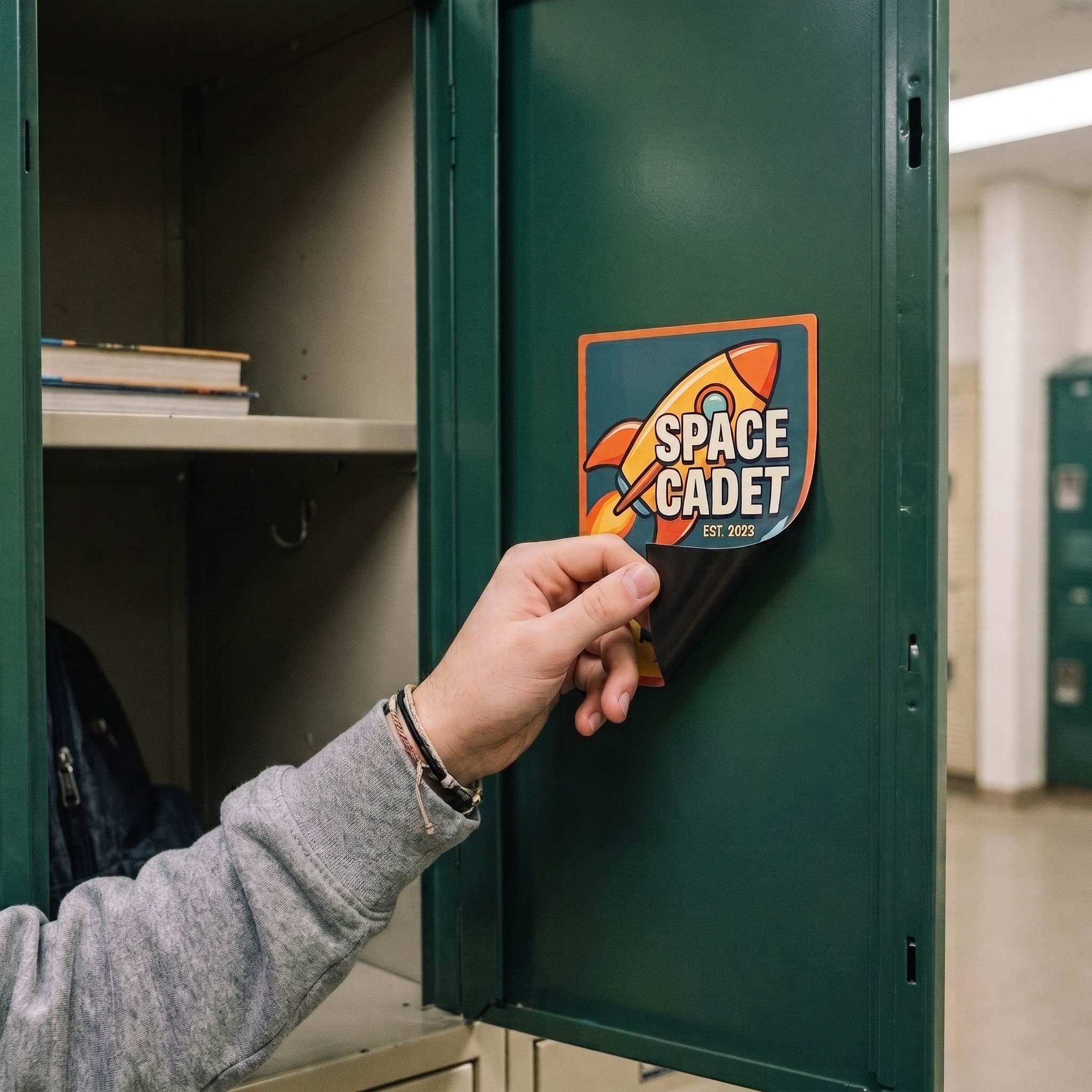 Magnetic sticker being applied to the inside of a metal locker door, die-cut in a rocket-and-badge shape with a peel-away backing.