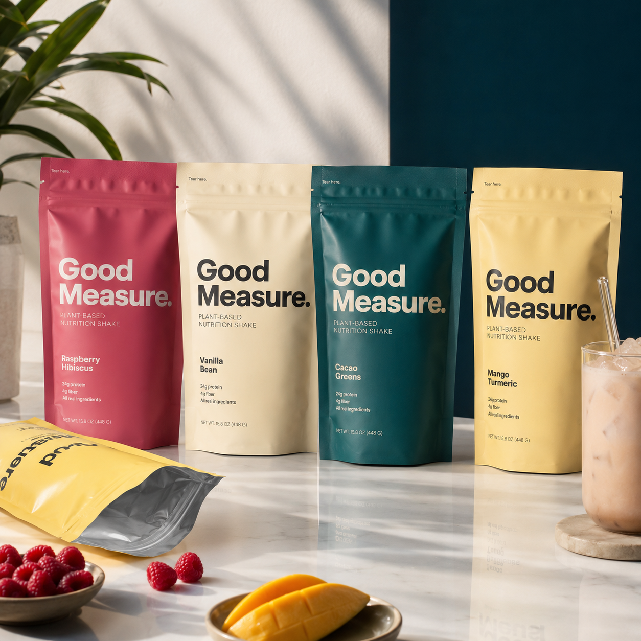 Matte foil mylar bags in stand-up pouch format with resealable zip tops, shown in red, cream, teal, and gold, one open and folded flat.