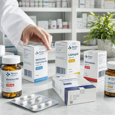 Medicine boxes in carton format with tamper-evident seals and barcodes, shown alongside pill bottles and a blister pack on a pharmacy counter.