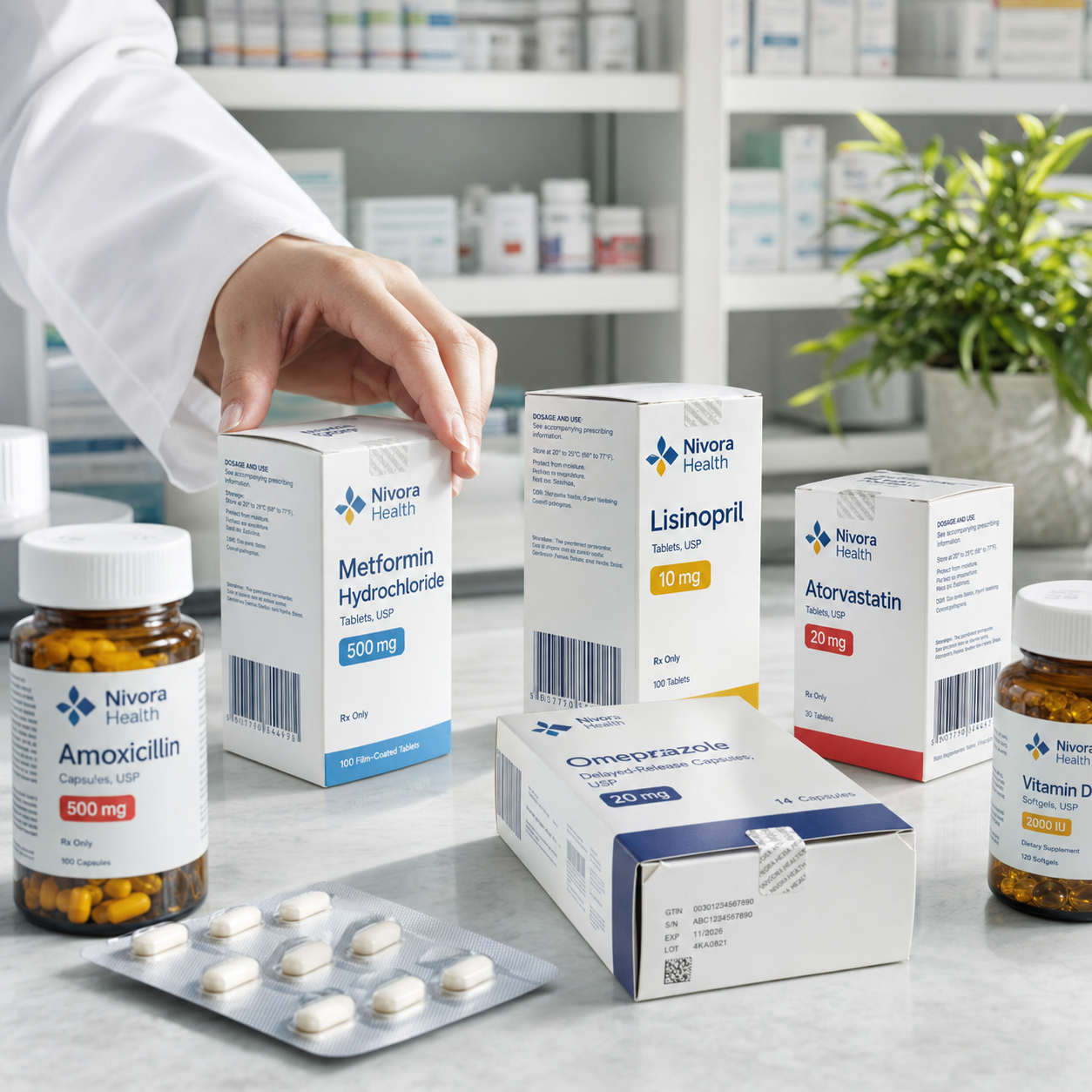 Medicine boxes in carton format with tamper-evident seals and barcodes, shown alongside pill bottles and a blister pack on a pharmacy counter.