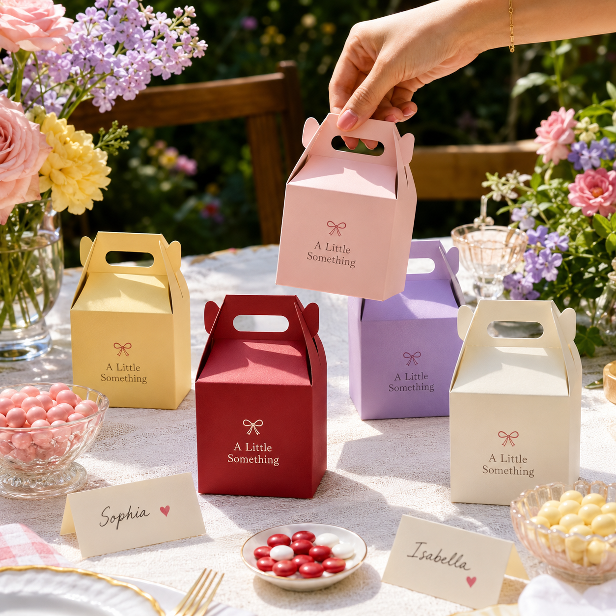 Mini favor gable boxes with a folded top handle, shown in pastel and jewel-tone colors on an outdoor party table.