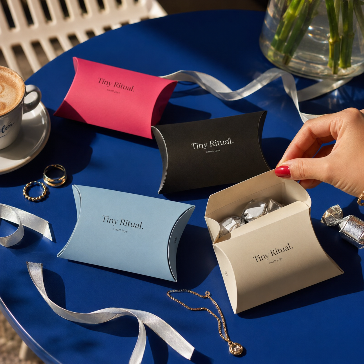 Mini favor pillow boxes with curved ends, one open showing foil-wrapped treats inside, shown in assorted colors on a table.