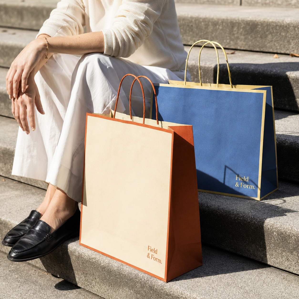 Paper tote bags with rope handles, shown in cream/rust and blue/gold colorways seated on outdoor steps.