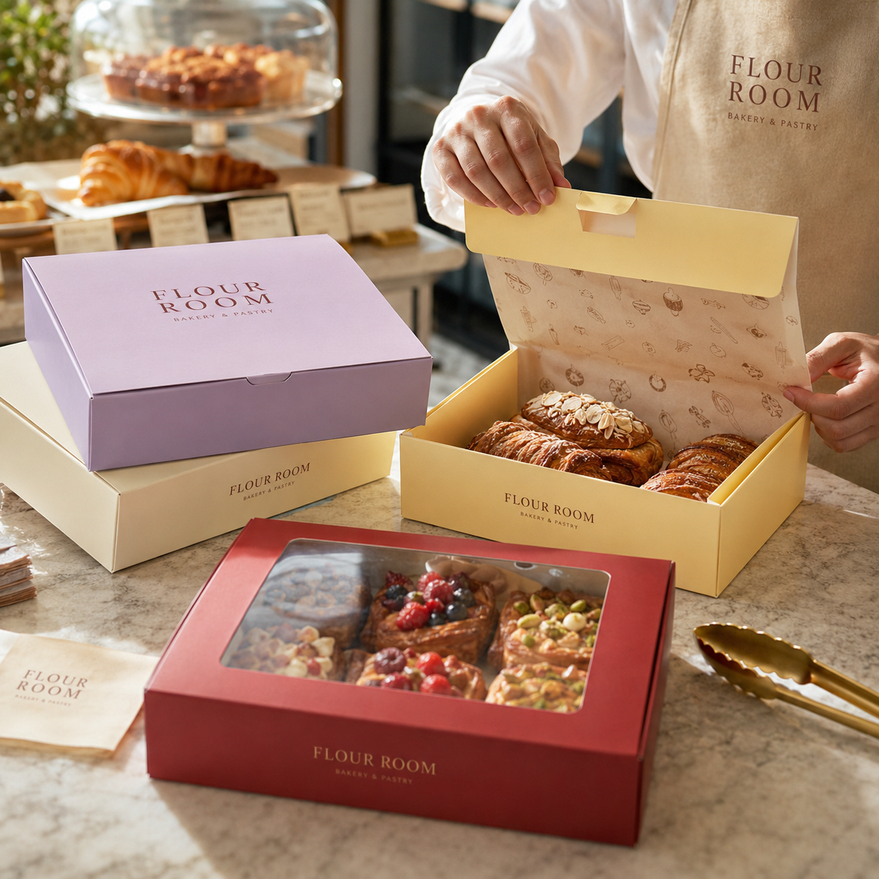 Pastry boxes in kraft, purple, and red, one with a clear window showing assorted pastries, another open with a hand lifting the lid.