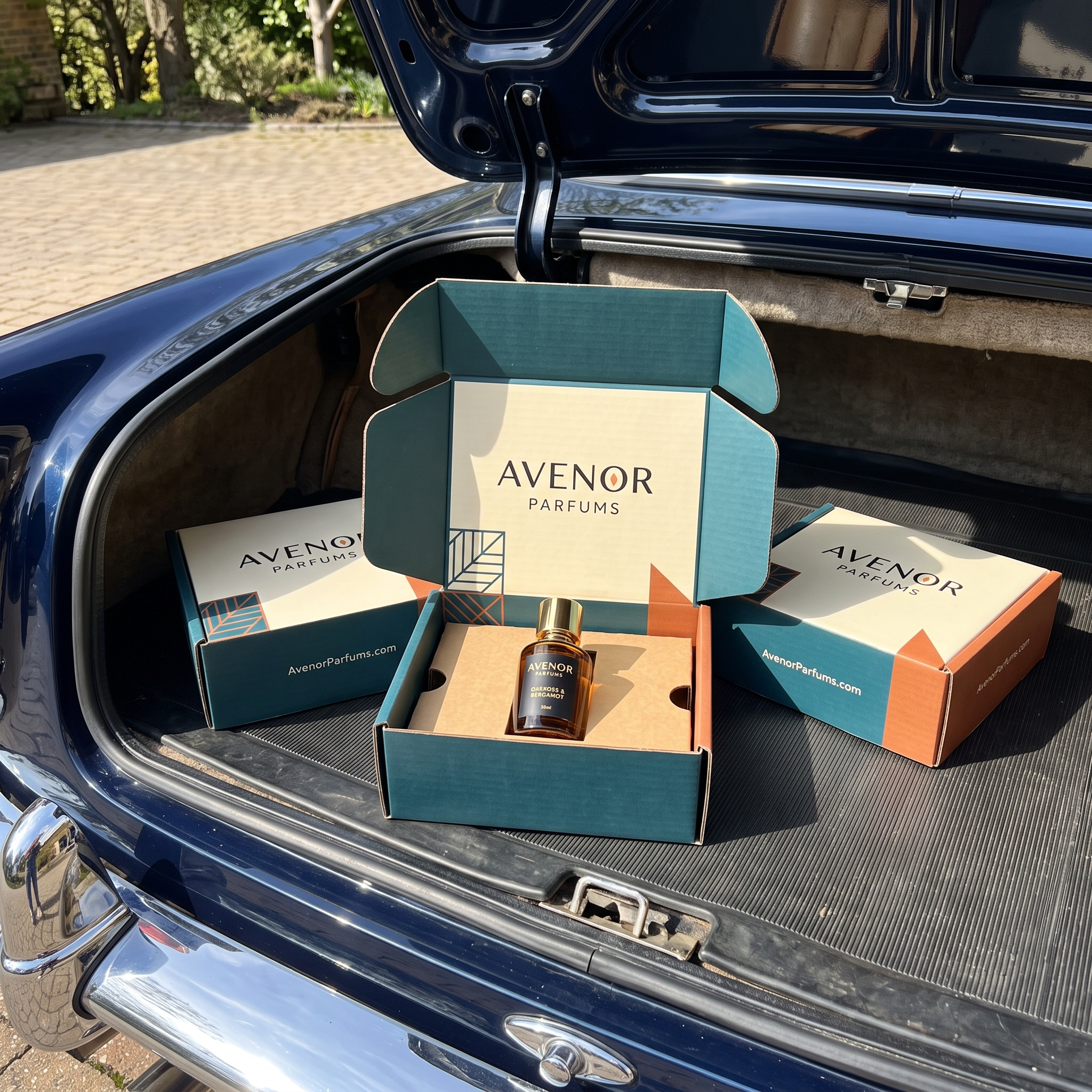 Perfume mailer boxes in teal and cream with an orange accent, one open showing a perfume bottle nestled inside, staged in a car trunk.