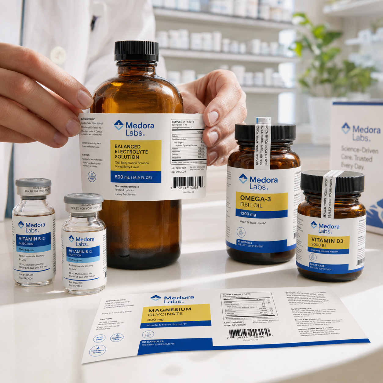 Pharma labels on amber bottles and vials, shown being applied by hand alongside a flat label sheet with dosage information.