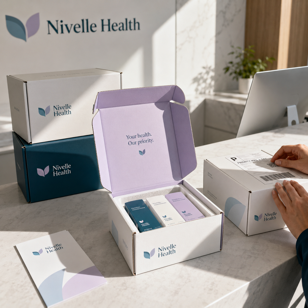 Pharma mailer boxes, one open showing individual cartons packed inside with protective insert, on a clinic counter.